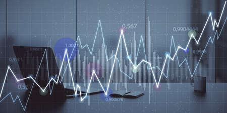 Close up of workplace with laptop computer and abstract glowing business chart on blurry grid...