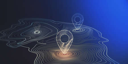 Abstract glowing map geoposition with marker on dark blue backdrop. Travel and direction concept. 3D Renderingの写真素材