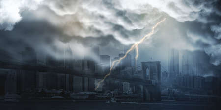 Abstract city wallpaper with thunderstorm and mock up place. Weather and dramatic nature concept