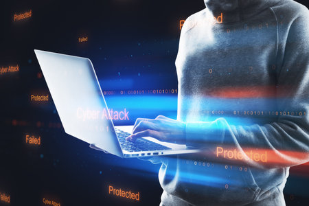 Hacker using notebook with abstract binary code on blurry background. Cyber attack and hacking concept. Double exposureの写真素材