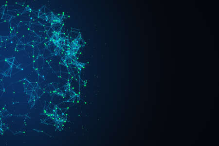 Abstract polygonal spheres on blue background with mock up place. Futuristic network and technology...