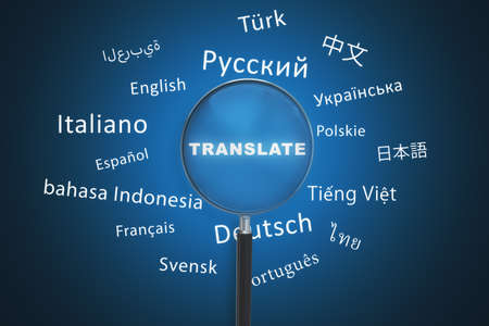 Abstract magnifier with text on blue wall background with mock up place. Translation, foreign language, service and education concept. 3D Renderingの写真素材