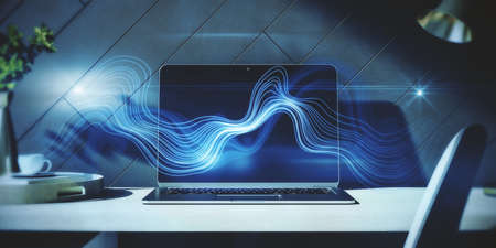 Close up of workplace with laptop and digital sound wave on blurry background. Technology, music, frequency and energy concept. 3D Renderingの写真素材