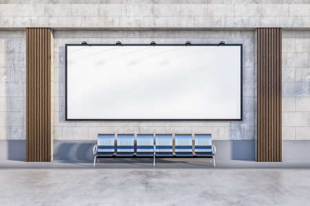 Empty white billboard banner on building exterior with seats and daylight. Commercial concept. Mock...