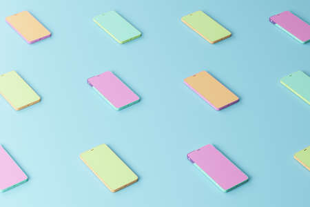 Creative rainbow smartphone pattern on blue background. Technology, device and gadget concept. 3D Renderingの写真素材