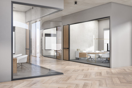 Luxury concrete and wooden office interior corridor with glass partition and furniture, daylight, window with city view. Workplace concept. 3D Renderingの写真素材