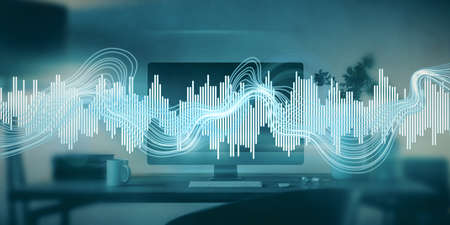 Close up of workplace with computers and digital sound wave on blurry backdrop. Technology, music,...