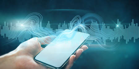 Close up of female hand holding tablet with digital sound wave on blurry background. Technology,...