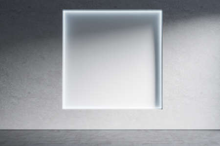 Minimalistic concrete interior with abstract clean square poster on wall. Mock up, 3D Rendering. Exhibition, gallery and art conceptの写真素材