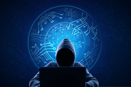 Hacker using laptop with abstract glowing digital circuit sphere on blue background. Hardware,...