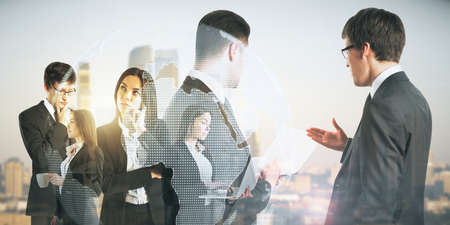 Attractive caucasian businesspeople working together on abstract city background with digital globe....