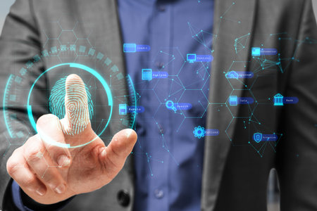 Businessman hand pointing at abstract glowing fingerprint interface. Scanning and storage concept....