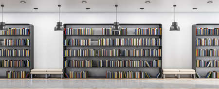 Panoramic library interior with bookcase, bench and mock up place on wall. 3D Renderingの写真素材