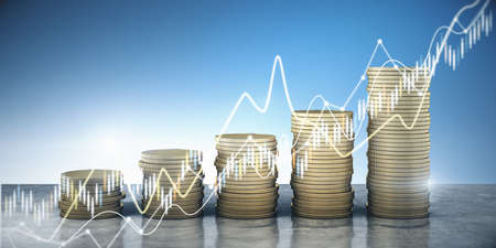 Creative growing golden coin stacks on blue background with chart. Financial growth and success...
