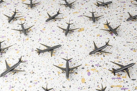 Creative image of gray airplanes on marble background. Travel and landing page concept. 3D Renderingの写真素材