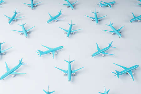 Creative image of blue airplanes on white background. Travel and landing page concept. 3D Renderingの写真素材