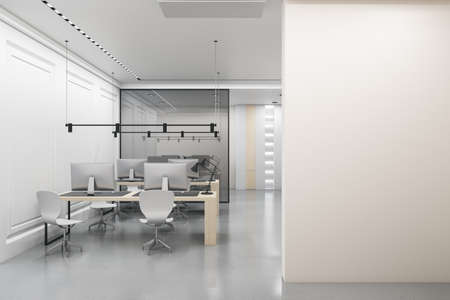 Modern concrete coworking office interior with empty mock up place on wall, furniture, computers, decorative plant and glass partition. Meeting and workplace concept. 3D Renderingの写真素材