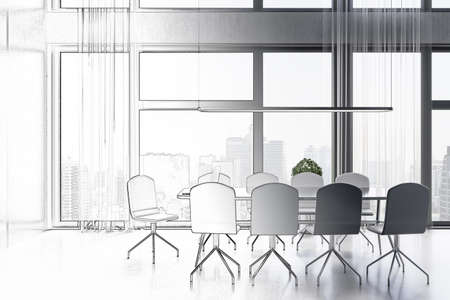 Modern hand drawn meeting room office interior with table, armchairs, window with city view and daylight. Repairs and refurbishment concept. 3D Renderingの写真素材