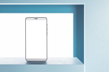 Close up of creative white product stand with empty cellphone. Retail and technology concept. Mock up, 3D Renderingの写真素材