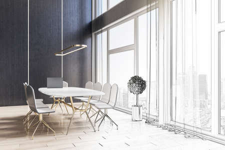 Modern hand drawn meeting room office interior with table, wooden flooring, armchairs, window with...