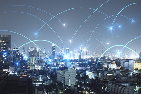 Abstract night city wallpaper with digital connections. Internet and technology concept. Double exposureの写真素材