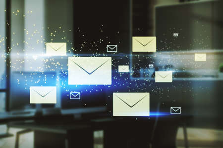 Creative glowing letters interface on blurry office interior background. E-mail networking and correspondence concept. 3D Renderingの写真素材