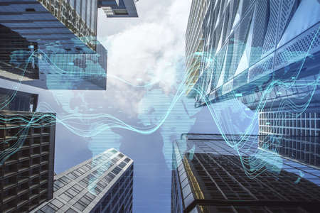 Creative glowing business chart and map hologram on blurry city background. Business data and market concept. Double exposureの写真素材