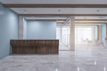 Wooden reception desk in minimalistic concrete office interior with daylight and glass wall. Lobby concept. 3D Renderingの写真素材