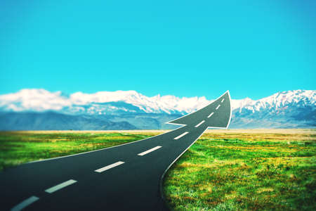 Abstract road arrow on beautiful bright blue sky landscape background with mock up place. Direction,...