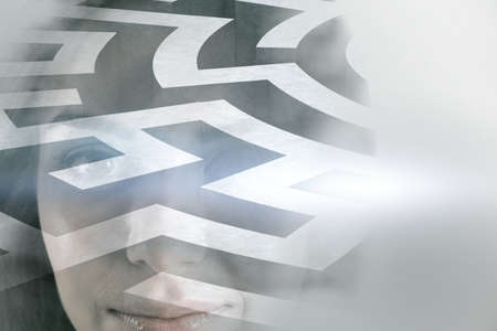 Abstract european businesswoman portrait outline on white background with maze and mock up place....