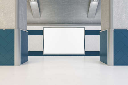 Modern underground interior with empty white mock up billboard commercial frame and tile walls. Subway, metro and urban under ground crossing. 3D Renderingの写真素材