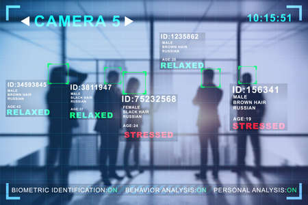 Abstract image of business people in blurry office interior with camera cctv facial recognition interface. Biometric scanning and security concept. Double exposure.の写真素材