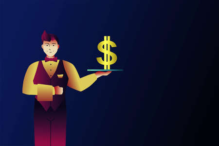 Abstract digital image of a clerk man holding tray with a golden dollar sign on dark background with...