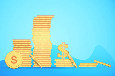 Creative growing dollar coins chart stacked on blue background with mock up place. Finance, growth and market concept. 3D Renderingの写真素材