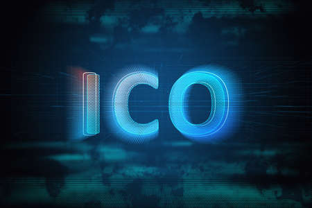 Creative glowing ICO hologram on blue background. Initial coin offering concept. 3D Renderingの写真素材