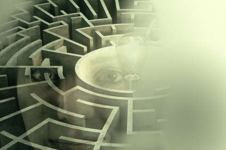 Abstract european woman portrait outline on white background with maze and mock up place. Solution, direction, challenge, way, labyrinth and success concept. Double exposureの写真素材