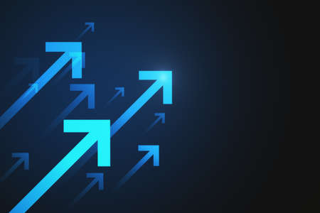 Glowing bright blue arrows on dark background with mock up place. Up and trend concept. 3D Renderingの写真素材