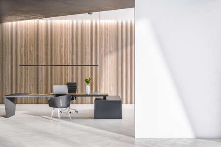 Contemporary wooden designer office interior with clean white mock up place on wall, furniture,...
