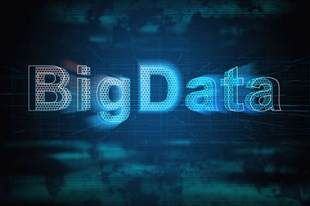 Creative bright glowing coding big data interface on dark background with text. Technology and...