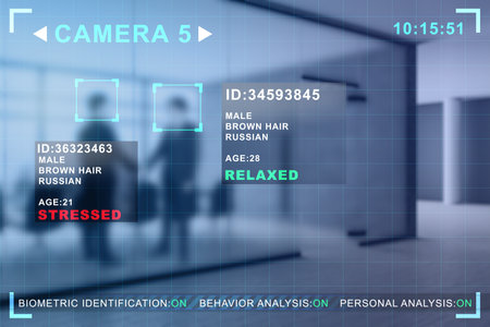 Abstract image of businessmen shaking hands in blurry office interior with camera cctv facial recognition interface. Biometric scanning and security concept. Double exposureの写真素材