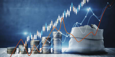 Creative glowing coins and sack with growing glowing candlestick forex chart on dark background. Trade and finance concept. 3D Renderingの写真素材