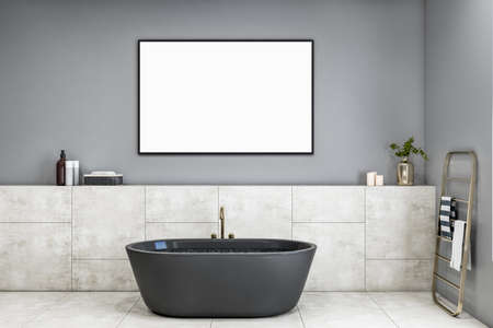 Modern concrete luxury bathroom interior with empty mock up banner and various objects. Hotel and luxury home concept. 3D Renderingの写真素材