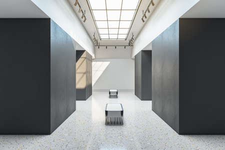 Contemporary exhibition hall interior with sunlight from ceiling window, mock up place and seats....
