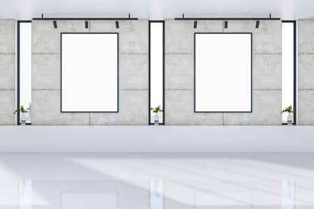 Modern concrete gallery interior with designer windows, decorative plants and empty mock up poster...