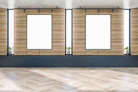 Modern wooden gallery interior with designer windows, decorative plants and empty white mock up...