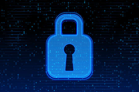 Creative glowing blue padlock hologram on dark background. Digital safety and security concept. 3D Renderingの写真素材