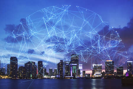 Abstract night city backdrop with polygonal sphere. Communication, urbanization and global business concept. Double exposureの写真素材