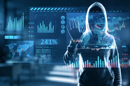 Hacker in hoodie using glowing forex chart trading interface on blurry background. Market, hacking,...