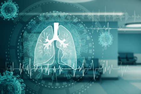 Abstract glowing lung interface with virus outline on blurry office interior background. Medicine, pandemic and healthcare concept. 3D Rendering and Double exposureの写真素材