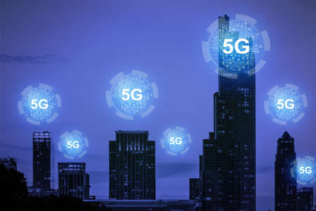 Abstract dark night city texture with glowing 5G circuit hologram. Internet speed, ubanization,...